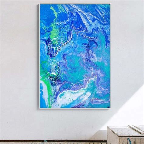 Wangart Original Beach Abstract Painting Blue Ocean Print On Canvas
