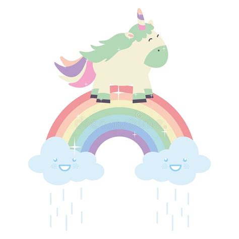 Cute Unicorn With Clouds And Rainbow Kawaii Characters Stock Vector