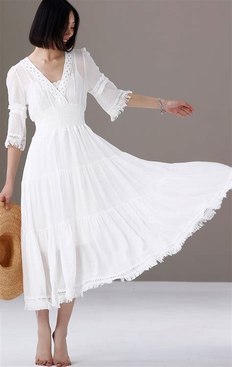 Women Cute White Maxi Dresses Casual Summer Clothes Q1820