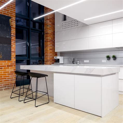 Modern White Kitchen With Led Lighting Stock Image Image Of Flooring