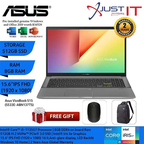 Asus S533e Abn137ts Ips Fhd Laptop I5 1135g7 8gd4 512ssd Win10h Black