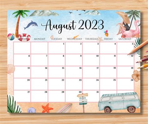 Editable August 2023 Calendar Relaxing Summer At The Beach Etsy Canada