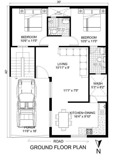 30 X 40 North Facing Floor Plan 2bhk Architego