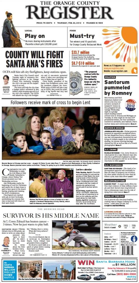 Newspaper The Orange County Register Usa Newspapers In Usa Thursdays Edition February 23
