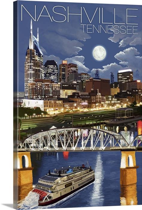 Nashville At Night Nashville Tennessee Retro Travel Poster Wall Art
