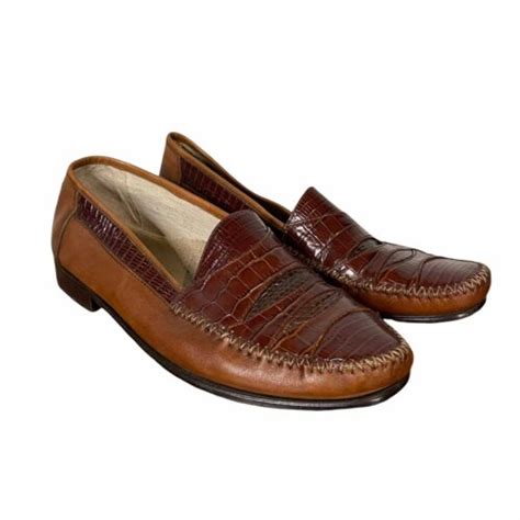 Stacy Adams Snakeskin Leather Tan Brown Slip Ons Penny Loafers Mens