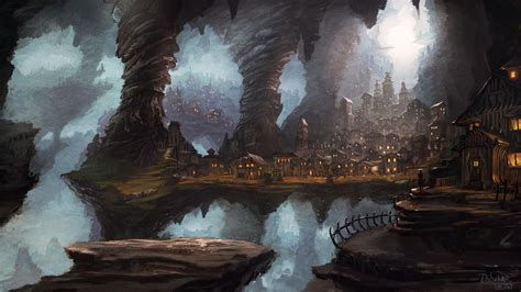 Fantasy Art Town Caves Wallpaper 73615