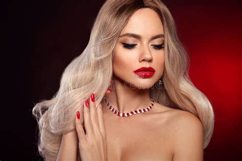 Beauty Portrait Of Blonde Woman With Red Lips Long Healthy Shiny Blond Hair Style And Manicured