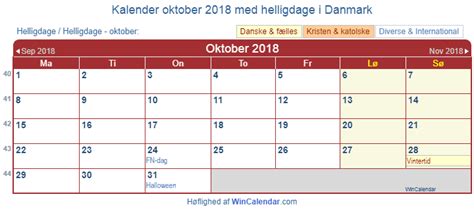 Here you will get printable september 2018 wall calendar, blank calendar for your personal & office use at free of cost from our website. Danmark Kalender til udskrivning - oktober 2018