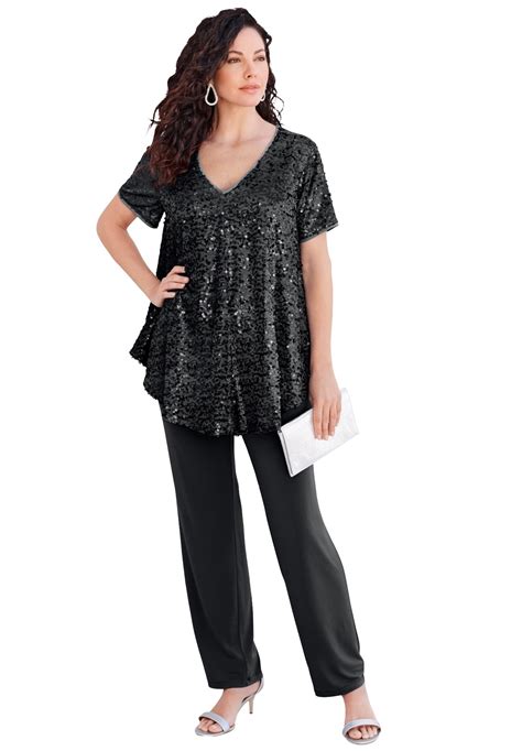 Roamans Womens Plus Size Sequin Tunic And Pant Set Made In Usa Formal Sparkly Chiffon