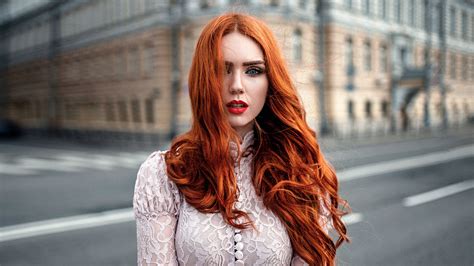 wallpaper women outdoors redhead model street long hair blue eyes glasses urban