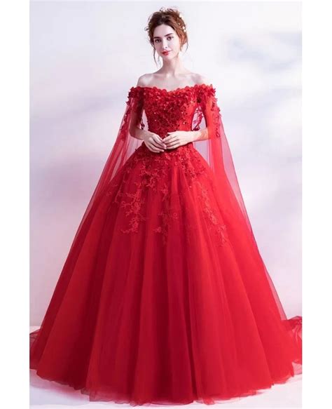 Off Shoulder Lace Flower Red Wedding Formal Dress With Long Sleeves