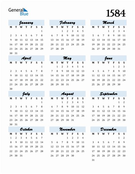 Free Downloadable Calendar For Year 1584