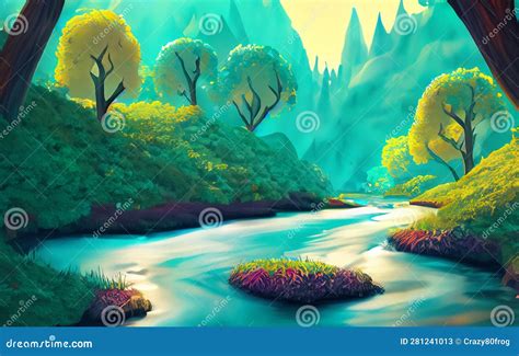 Abstract River Cartoon Style Background Illustration Of Forest Stream