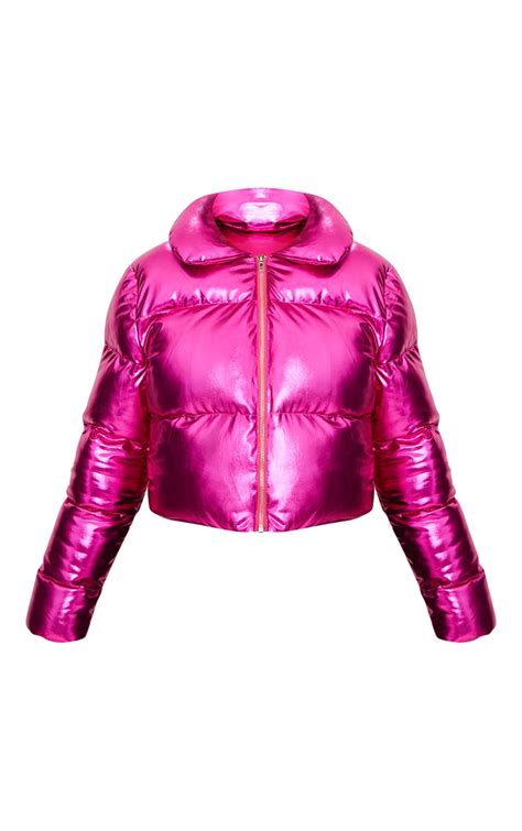 hot pink metallic cropped puffer jacket prettylittlething usa