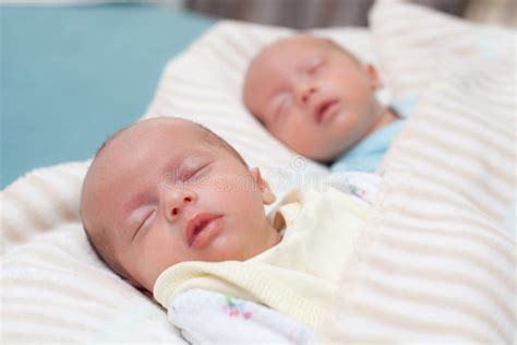 Two Adorable Twin Babies Sleeping In The Same Pose Stock Image Image