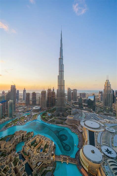 Aerial View Of Burj Khalifa In Dubai Downtown Skyline And Fountain