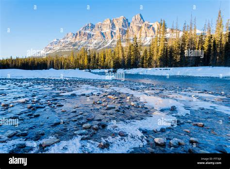 Castle Mountain And The Bow River In Winter Banff National Park