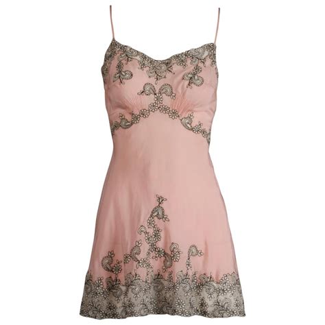 Exceptional 1930s Vintage Embroidered Pink Silk Lingerie Slip Dress