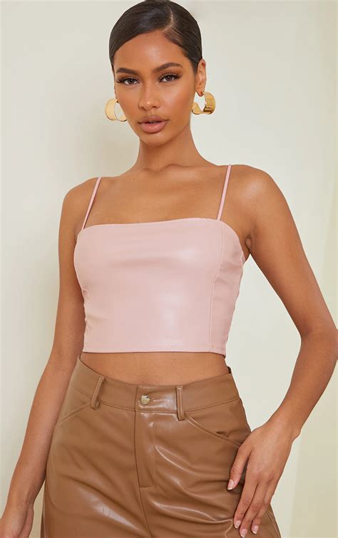 Light Pink Faux Leather Crop Top Tops Prettylittlething Usa