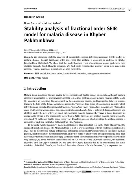 Pdf Stability Analysis Of Fractional Order Seir Model For Malaria Disease In Khyber Pakhtunkhwa