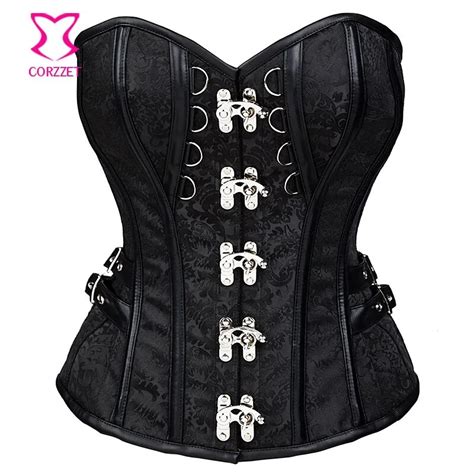 Vintage Corsetto Steampunk Corset Sexy Leather Trimmed Black Brocde Corsets And Bustiers Gothic