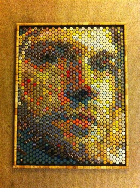 A Painting Made Out Of Bottle Caps On The Wall