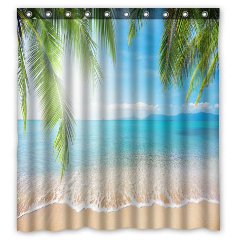 Phfzk Bule Sea Ocean Shower Curtain Tropical Beach Palm Tree Polyester