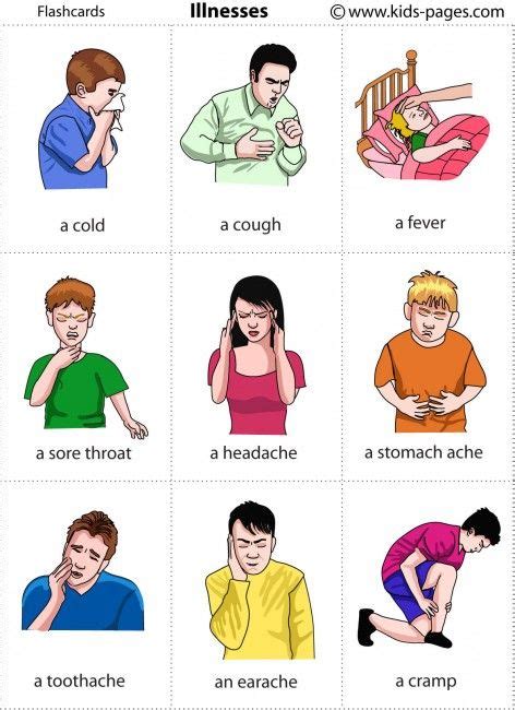 This is a list of vocabulary items related to health and health care. Illnesses flashcards from kids-pages.com | Ingles niños, Ingles para principiantes