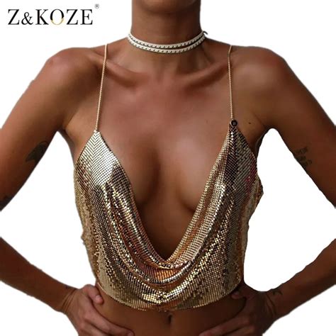 Gokic Sexy Gold Sequin Crop Top Women Deep V Neck Chain Backless Party