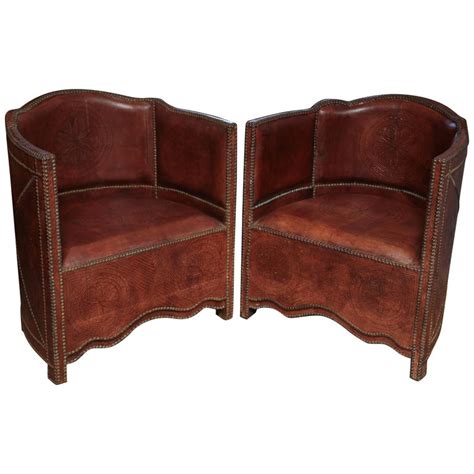 Newly refinished and upholstered in new red leather with nail heads. Superb Pair of Vintage Moroccan Leather Barrel Chairs For ...
