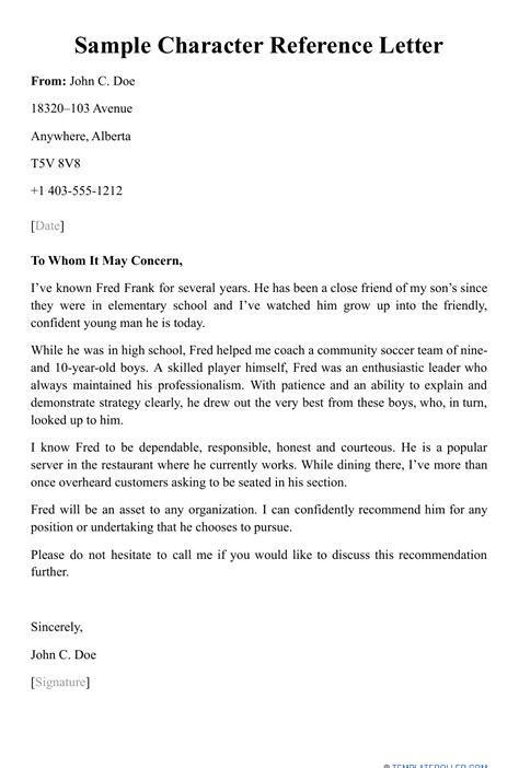 Sample Character Reference Letter Download Printable PDF | Templateroller
