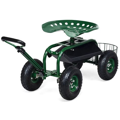 Costway Garden Cart Rolling Work Seat Wtray Basket E Xtendable Handle