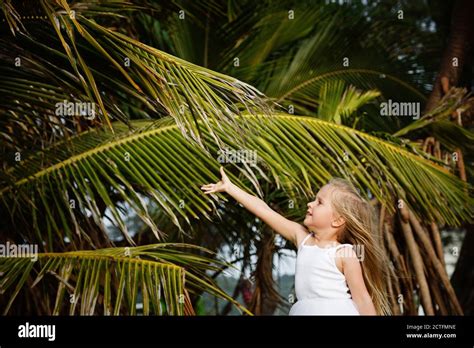 Portrait d une petite fille heureuse avec feuille de palmier Concept vacances d été vibes