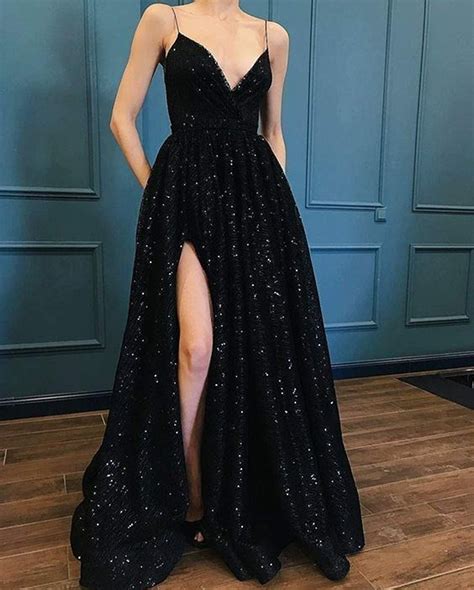 fashion luxury black sequins long prom dress spaghetti straps v neck special occasion dress