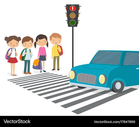 Children Wait For A Green Traffic Light Signal Vector Image