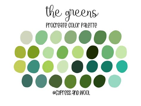 The Greens Procreate Color Palette Color Swatches Ipad Etsy