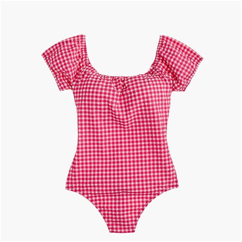 Gingham off-the-shoulder one-piece swimsuit