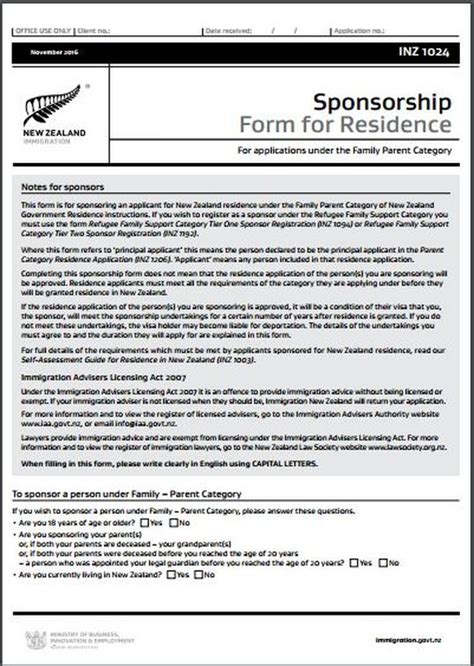 Inz1024 Sponsorship Form For Residence All Immigration Matters