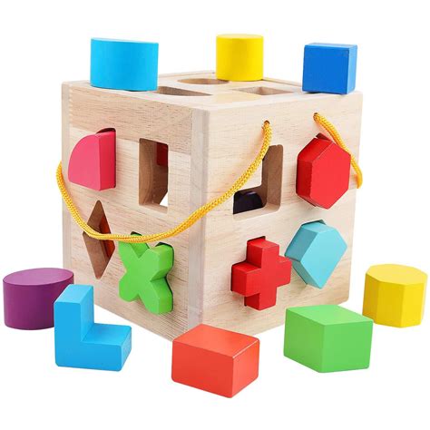 Qzm Shape Sorter Toy With 19 Holes My First Wooden Toys Shapes And 12 Color Solid Wood Geometric