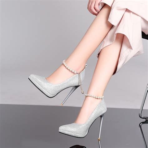 Pointed Toe Pearl Ankle Straps Wedding Shoes Stiletto Heel Platform