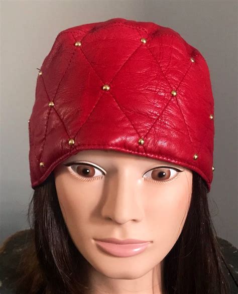 Vintage Leather Hat Red Quilted Leather Skull Cap Fez Etsy