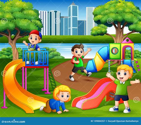 Happy Children Playing In The School Playground Stock Vector