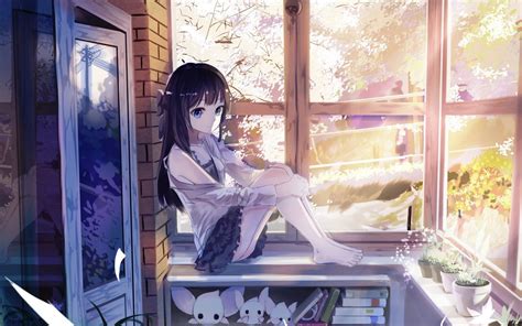 Anime Girls Skirt Sitting Window Sill Original Characters Wallpaper