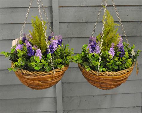 Set Of Two Artificial Topiary Lavender Hanging Baskets By Garden