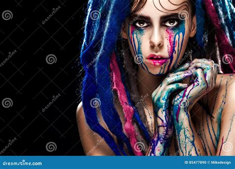 Bodyart Model Girl Portrait With Colorful Paint Make Up Woman Bright Color Makeup Closeup Of