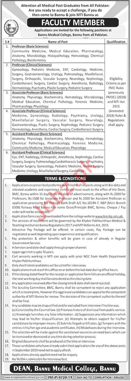 Bannu Medical College BMC Jobs 2019 For Professors 2022 Job