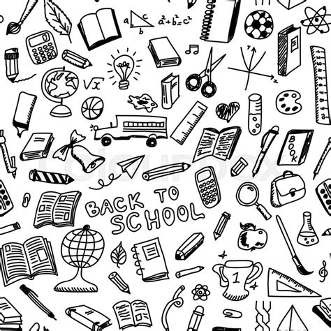 School Supplies Sketch Seamless Pattern In Doodle Style Vector