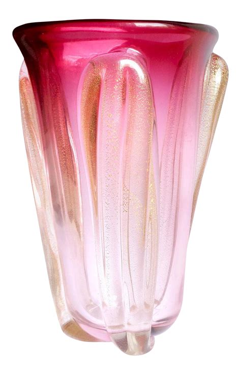 Seguso Murano Vintage Red Pink Sommerso Gold Flecks Italian Art Glass Midcentury Flower Vase