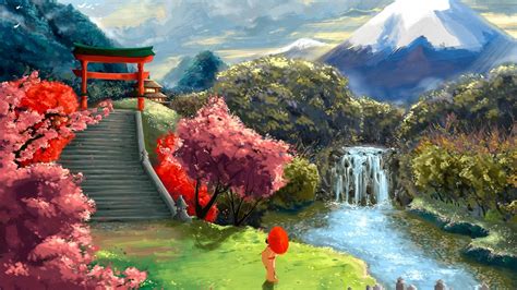 Japanese Garden Landscape Painting Art Backiee